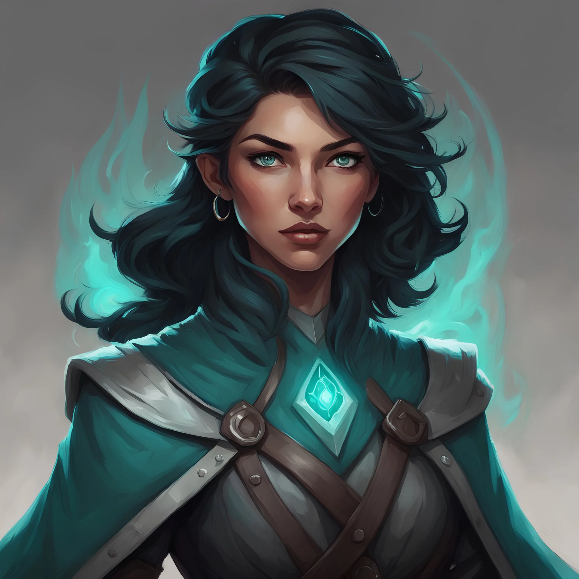 dungeons and dragons human female hexblade warlock, tanned skin, short length wavy ink black hair that reflects a dark teal hue, light gray eyes that glow slightly, tan skin, wears dark clothes made for sneaking around, portrait