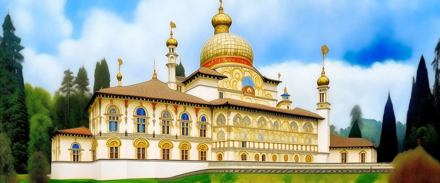 A white cloudy sky with a puffy palace painted by Gustav Klimt