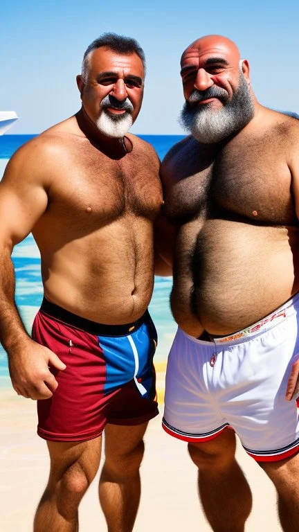 Smiling Italian ice cream man sells ice cream to a 50-year-old Turkish strong chubby burly man, shirtless, long beard, summer, hot, by a little kiosk near the sea