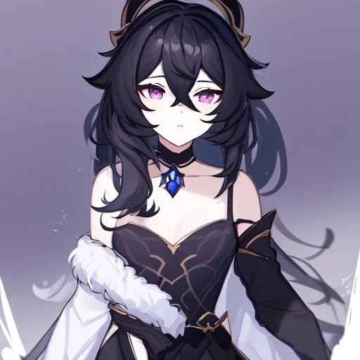 Clear focus, High resolution, rough line sketch art, long black hair, hair between eyes, fluffy hair, purple eyes, wearing a off shoulder shirt, no spaghetti strapes, dark aura, 1girl, wearing a skirt, genshin impact, wearing a little bit revealing outfit