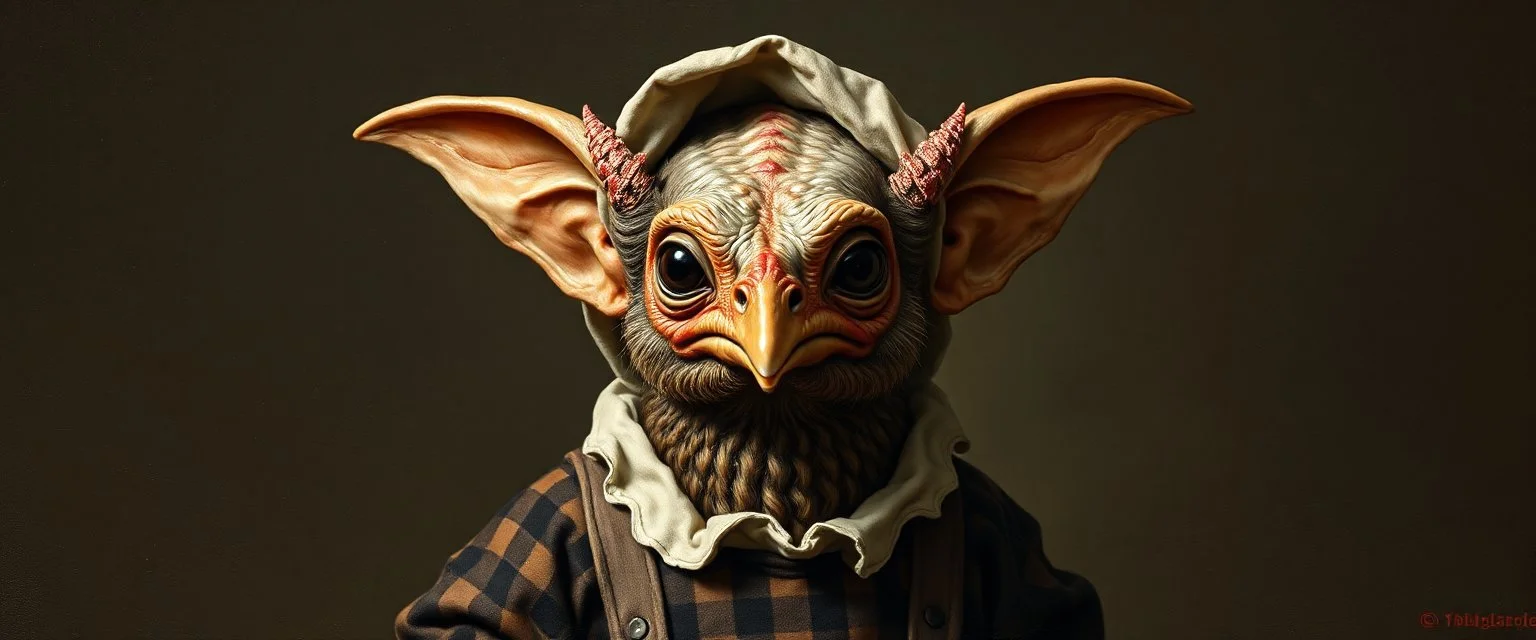 amish space alien gremlin hen dressed in amish outfit, painted by Rembrandt, Escher and Giger