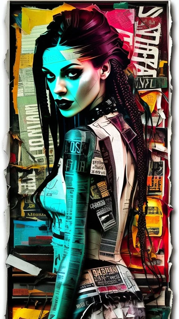 Russ Mills, byroglyphics style art, backdrop, mixed media, broad energetic brushstrokes, palette knife, chaotic collage, cardboard, newspaper, torn paper, gauze, broken glass, graphic image, vibrant natural color, intensely passionate, full body, eerie, slim Goth punk woman with long braided hair of Spanish and Lebanese heritage, beauty in chaos