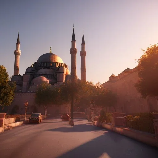 Sultanahmet, spring, sunset, fantasy art, blue and sky, realistic, unreal engine 5, octane render, cinema4d