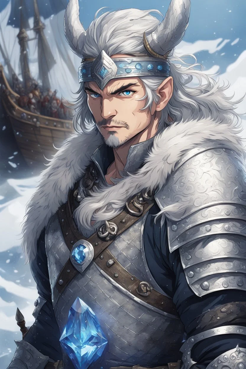 in anime style,1older man, a older man with blue eyes and black hair man in silver Viking armor with fur around the neck with blue crystal on his chest holding an axe in his hands standing on a pirate ship in the artic, warrior in anime style,