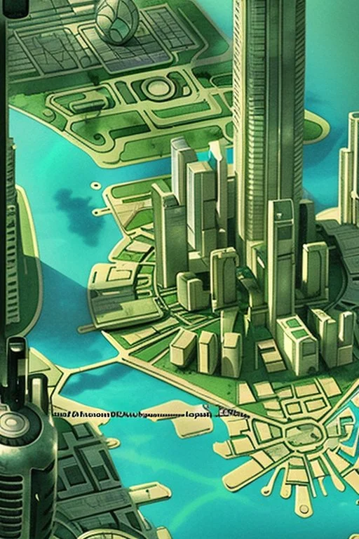 high detail map of tropical dystopian city