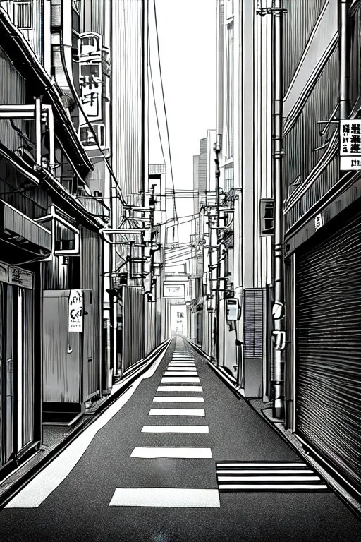 Tokyo alley, line arts, greyscale