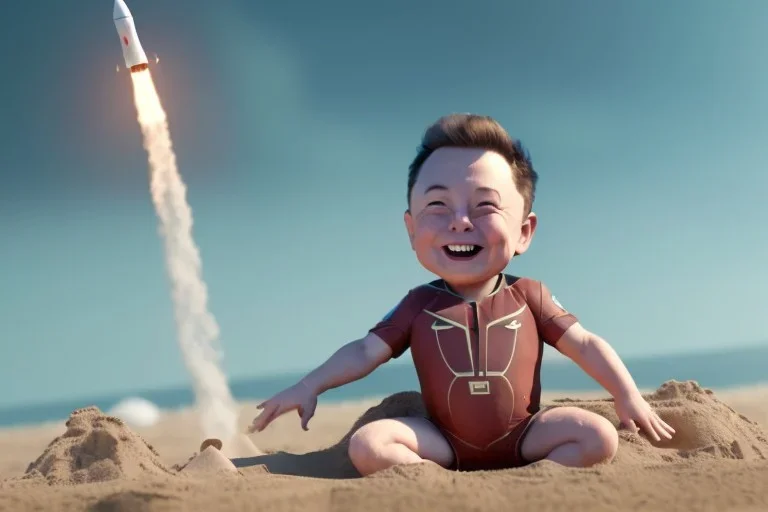 Elon musk as a Happy baby building a Very tall rocket-shaped sandcastle on the beach. He is wearing a polkadot swimsuit