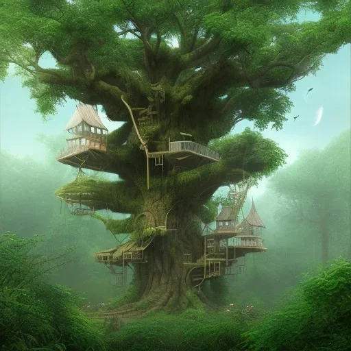 A giant tree in the jungle With a giant treehouse in it