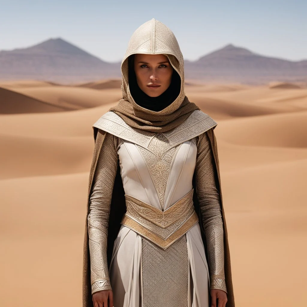 She stands amidst the unforgiving desert, a young Bene Gesserit adorned in a stillsuit, a garment as essential as the air she breathes in this harsh environment. The fabric clings to her figure, its intricate design serving a dual purpose—protection and survival. The tight-fitting hood frames her face, shielding it from the relentless sun, while her eyes, sharp and perceptive, scan the horizon for any signs of danger. As she walks, each step kicks up a small cloud of sand, leaving footprints tha