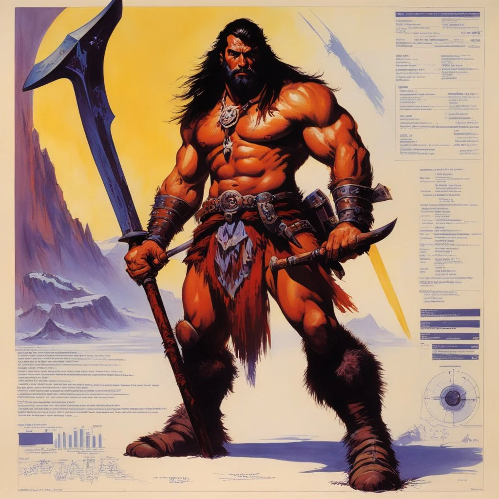 ConceptSheet [by Bruce Pennington]: barbarian and his axe with AD&D statistics