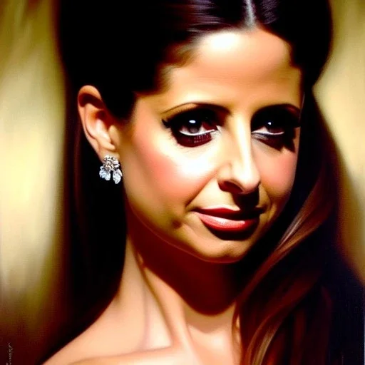 portrait of beautiful busty Sarah Michelle Gellar painting by azpiri,Brom, oil on canvas, cinematic composition, extreme detail,fit full head inside picture