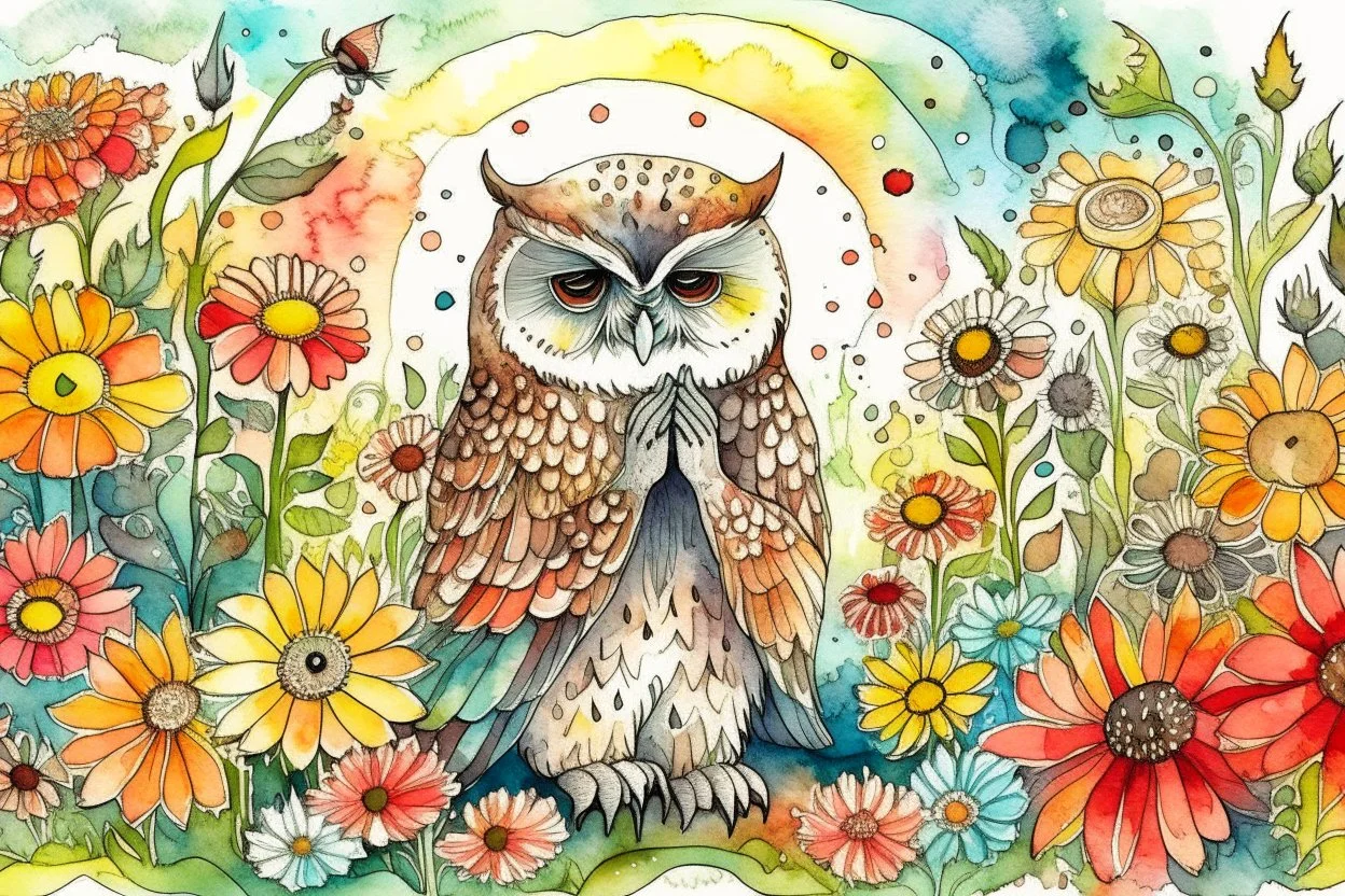 thankful praying owl girl in flowergarden in sunshine, watercolor and ink