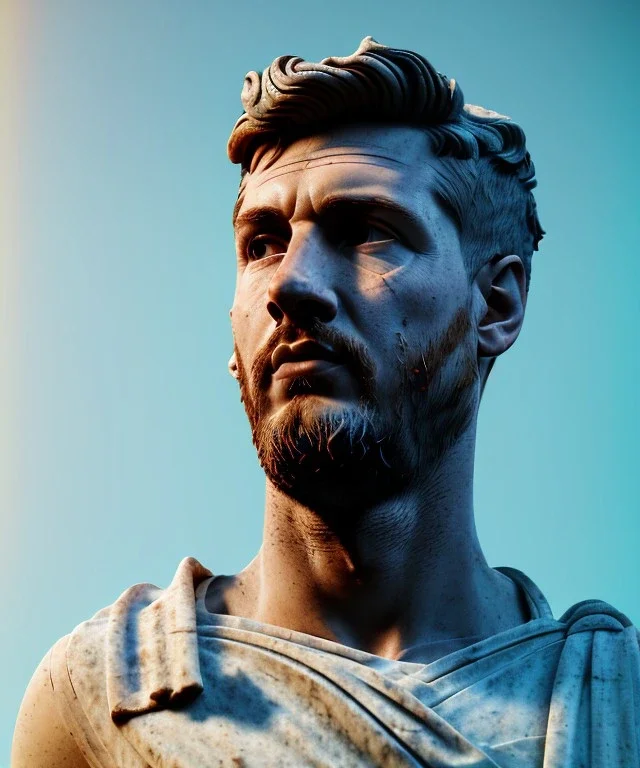 Gran angular, Realistic image, roman sculpture, marble material, Lionel Messi, Laurel wreath model, miguel angel style, emperador, God light, god rays, 4k resolution, ornate details, soft lighting, unreal engine 5, soft cyan background.