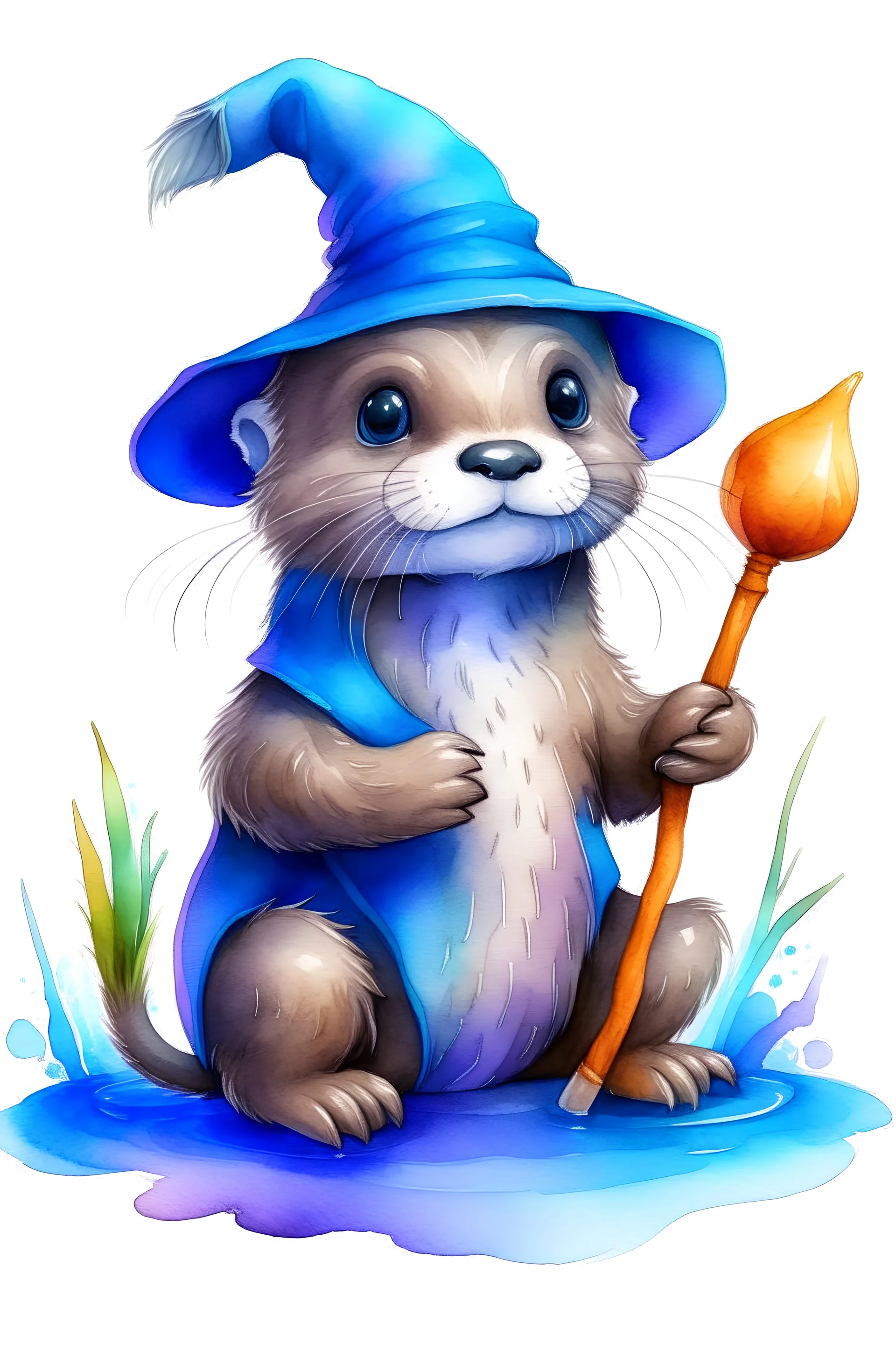 Create a watercolor clip art image with a white background of 3D otter baby as wizard