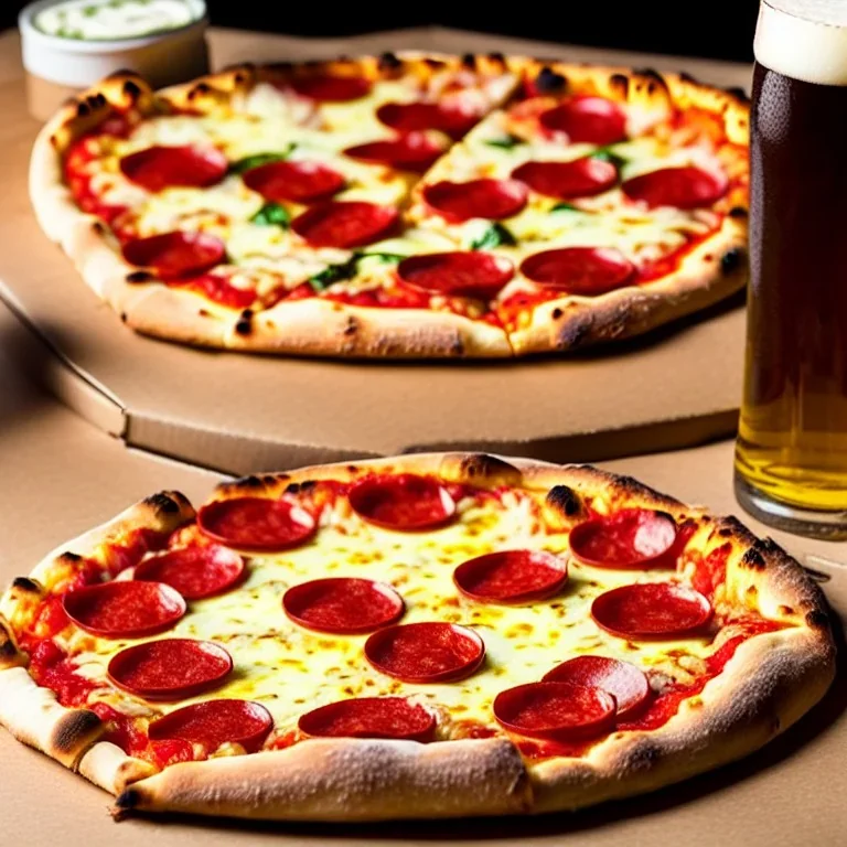 to the right a pizza, to the left a beer