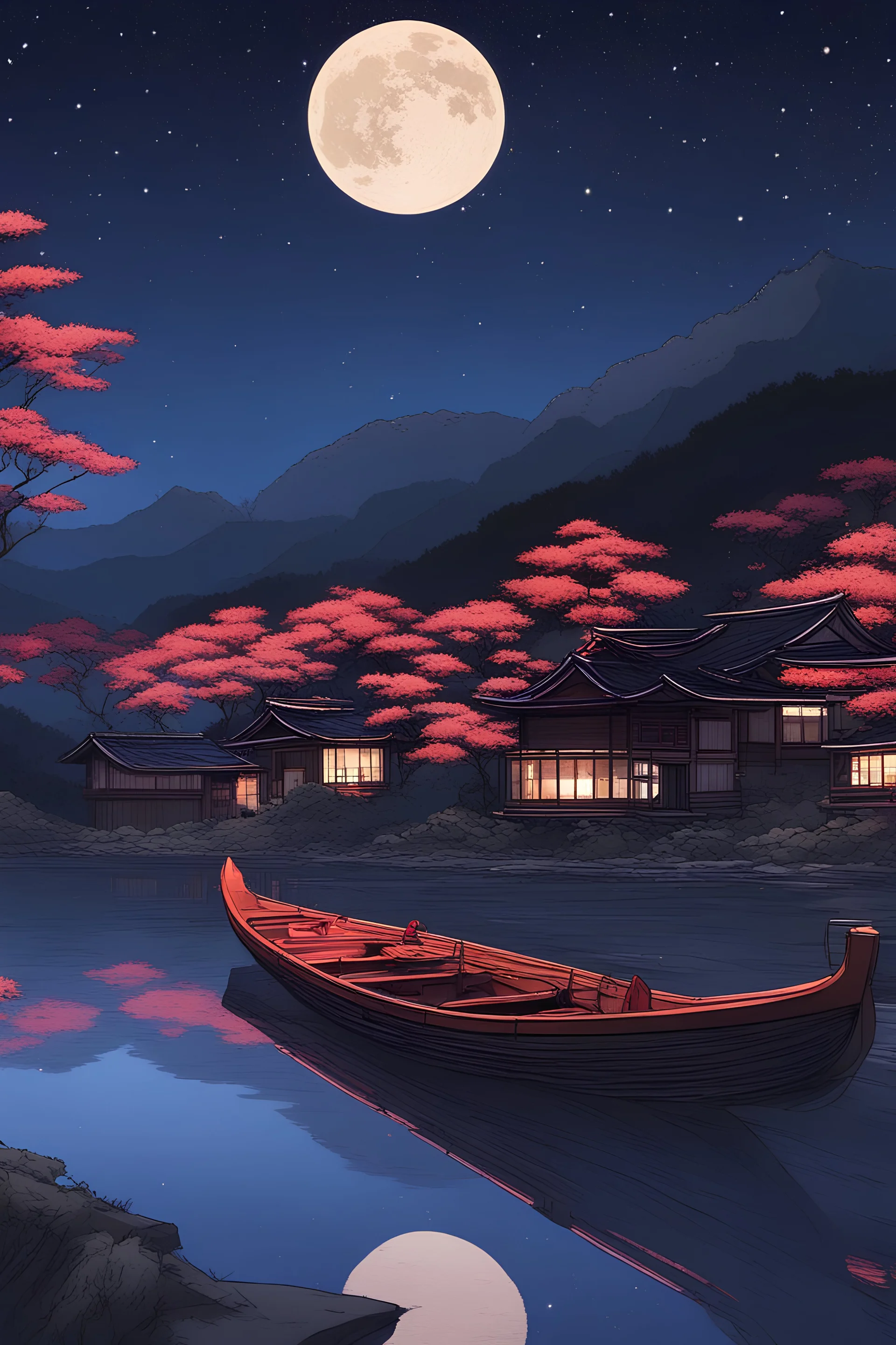 "It is night time, the sky is filled with stars, you can see the Milky Way crossing it. On the side, there is a flowering tree, fireflies are circling around it. In front, there is a magnificent lake, small boats with lights gently float upon it, the people on the boats are wearing Japanese kimonos. Behind it rises majestically Mount Fuji, emanating all the power and wisdom it inspires."