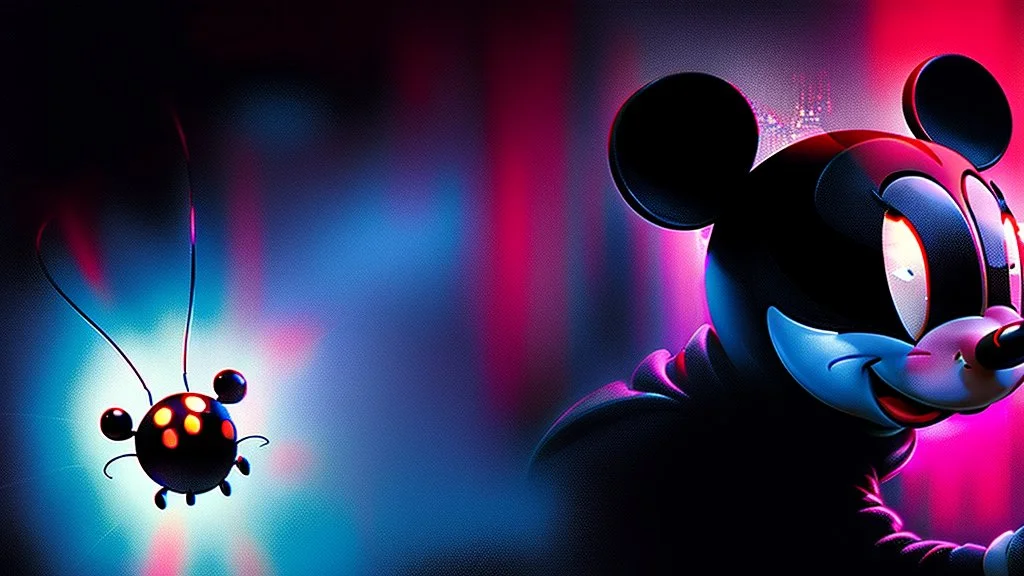 a spider mickey mouse hybrid, photorealism, movie screen capture, horror, sci-fi, retrofuturism, evil, demon-like