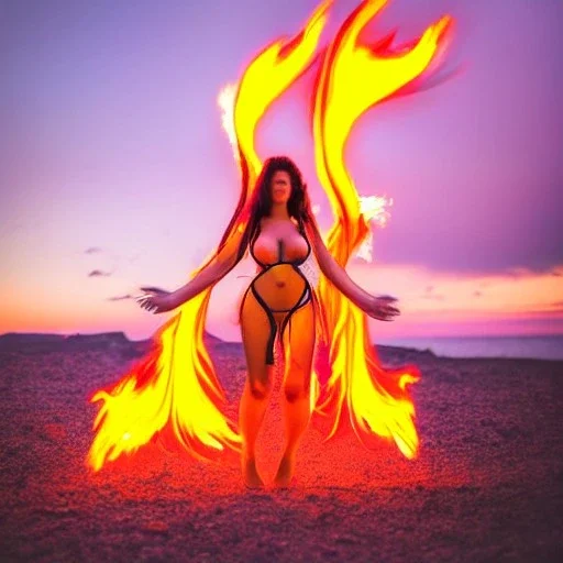 woman made of fire, fire angel, fire clothes, full body portrait, long flowing hair, only wearing bikini made of fire, highly detailed, real life photo, photo quality, extremely detailed, high quality, standing in fire, highly detailed