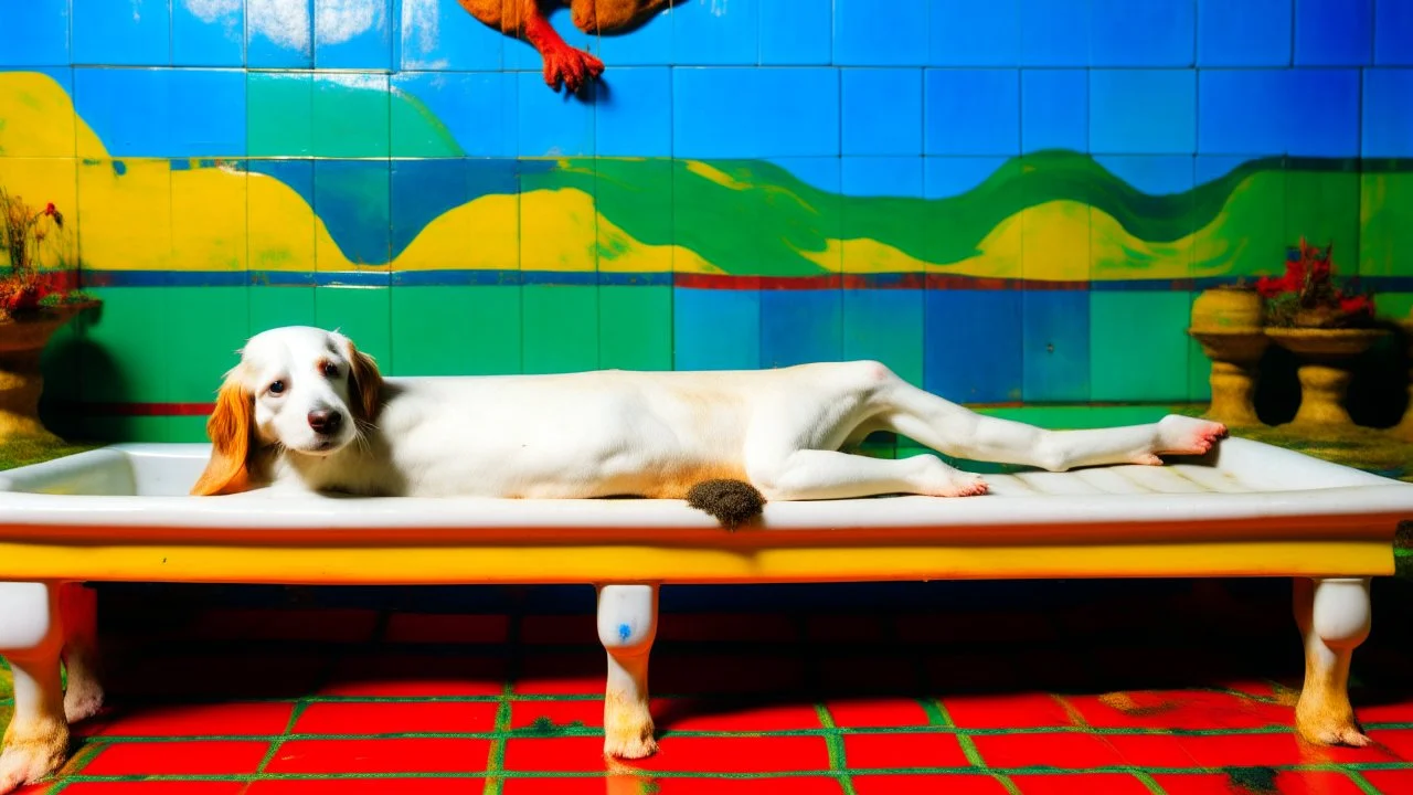 A white dog sitting in a bathtub, with a checkered floor and colorful background