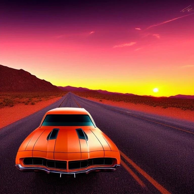 muscle car, desert road, sunset, full colour,