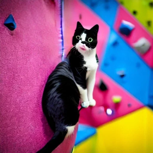 Cat on a climbing wall in leggings