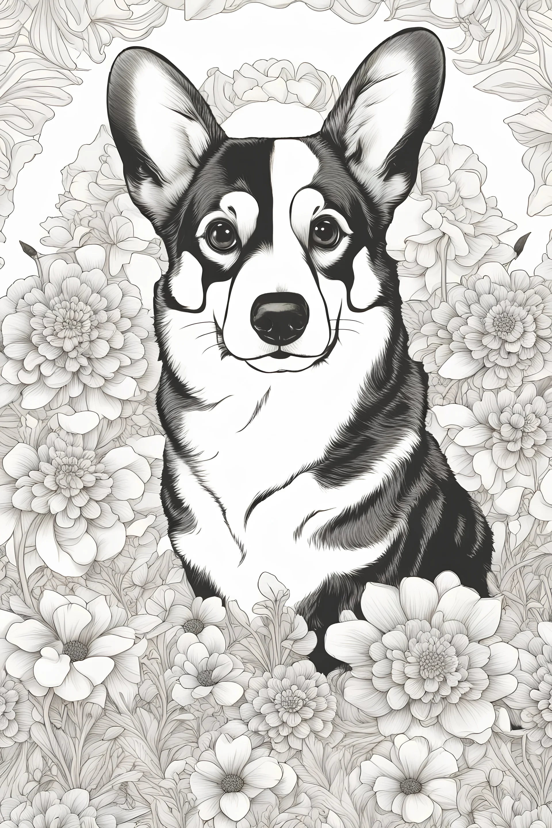 Portrait of a Corgi in a lively field of marigolds, mature coloring artwork, contour, vector, clean line art, white background, detailed, black and white, in the style of Mandala design
