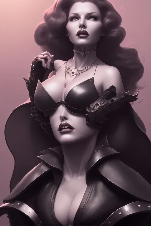 Rita Hayworth as evil queen in black leather, leather, busty, cleavage, angry, stern look. character design by cory loftis, fenghua zhong, ryohei hase, ismail inceoglu and ruan jia. unreal engine 5, artistic lighting, highly detailed, photorealistic, fantasy