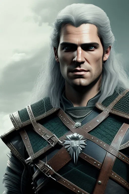 Henry cavil Perfect face, long white hair, wearing The witcher 3, realistic, 4k,