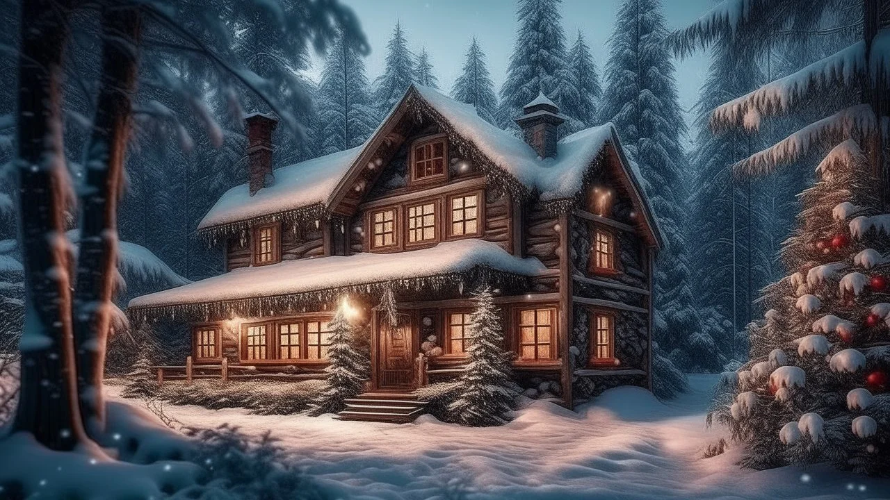 Atmosfera natalizia con casa nel bosco