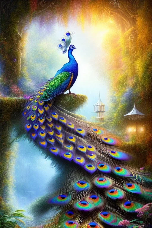 beautiful peacock, jungle, mystical, dreamlike, Neo-Impressionism, fine detail, high quality, raining, rain droplets,