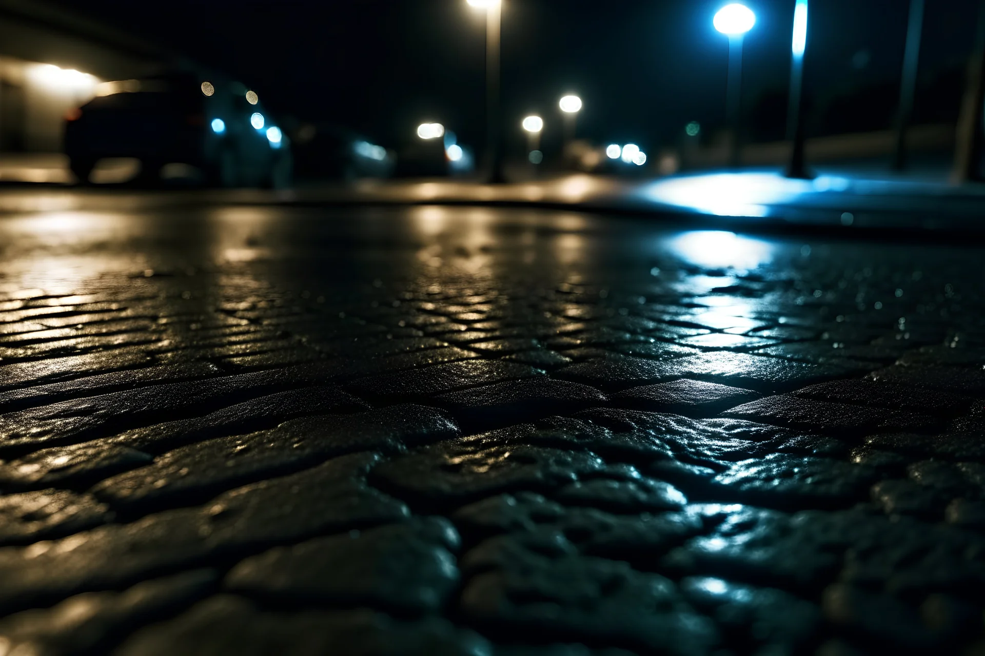 It's night outside. A close-up of pavement but still visible in the background, is the night sky