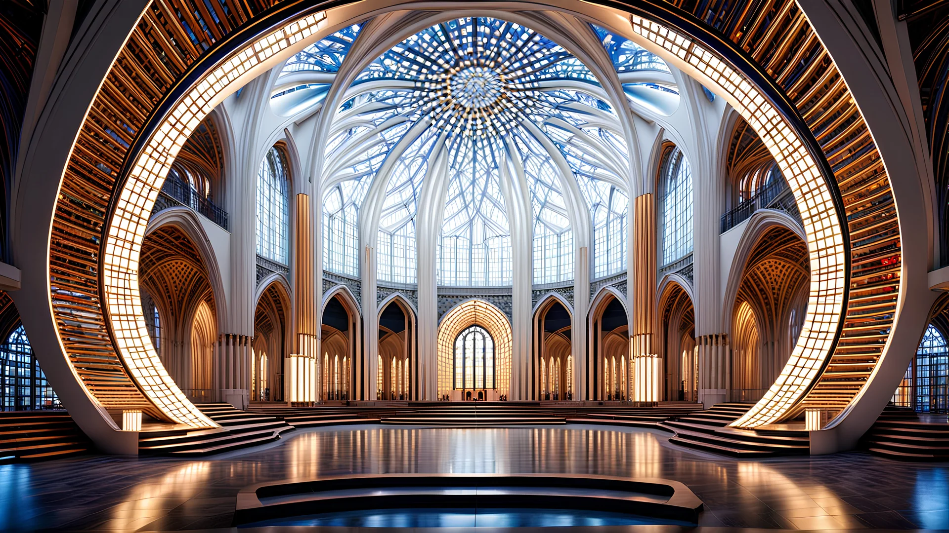 futuristic fantastic symmetrical circular cathedral interior view, year 2260, night, beautiful, colorful, totally symmetrical design, style Shigeru Ban, innovative architecture, award-winning photograph, awesome, serene, inspiring, spiritual, impressive, cinematic lighting, epic composition, photorealism, very high detail, Unreal Engine, Octane render, HDR