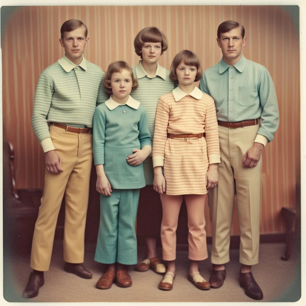 awkward family photo, all wearing the same type of clothes, 1960s, polaroid colors