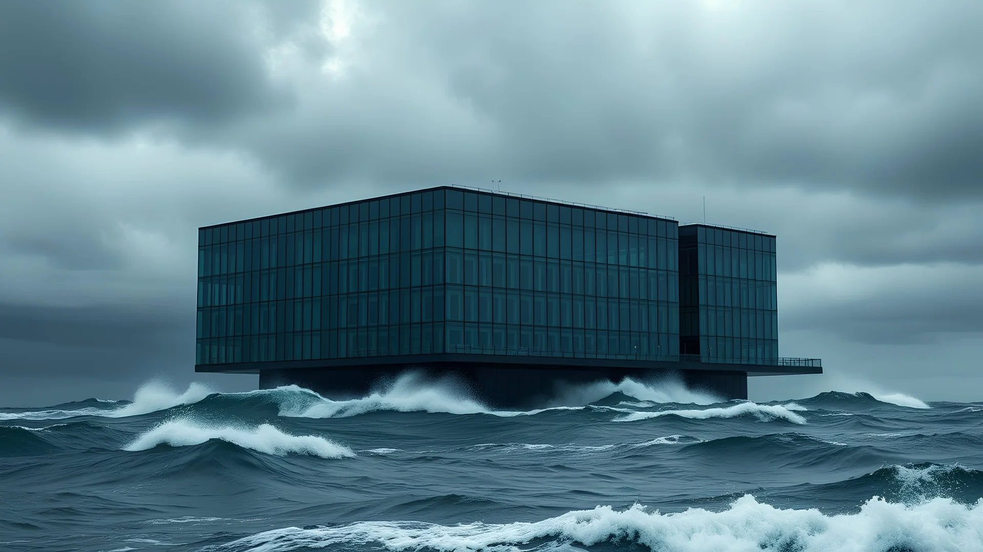 An allegorical building that seems to float in a stormy sea, dark gray clouds overhead, the glass reflects ominous colors of green and slate, the building harmonizes with turbulent waves crashing against it, creating a dramatic interplay of light and shadow.