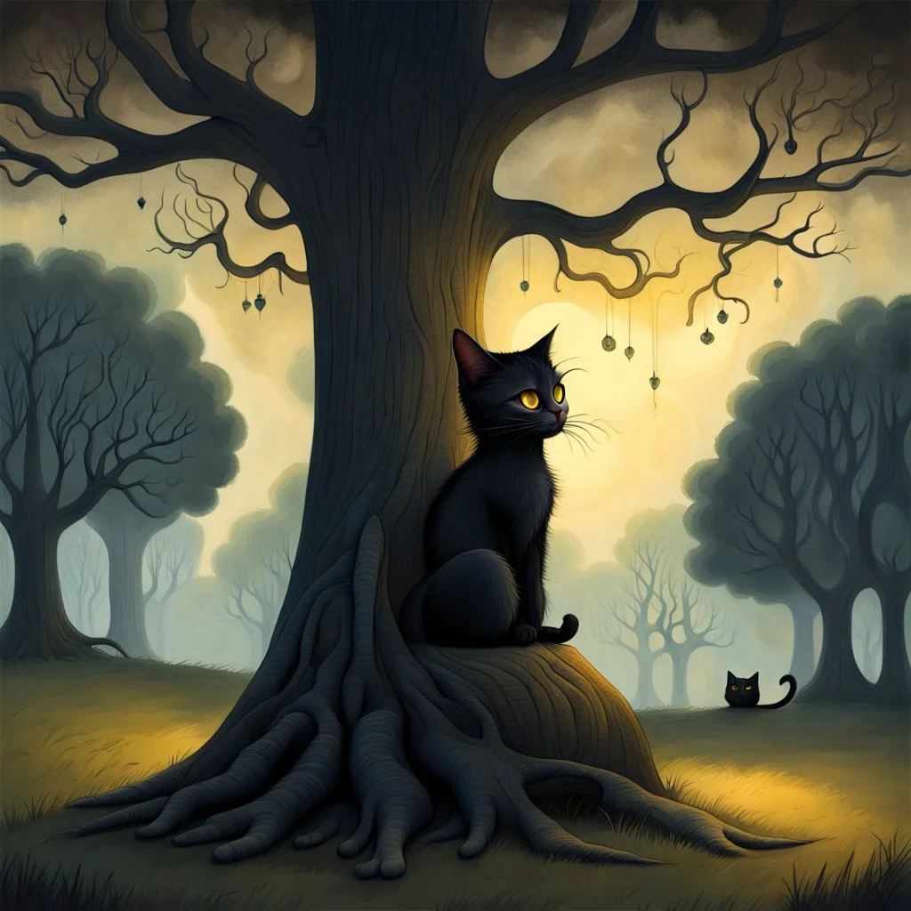 a painting of a cat sitting in front of a tree, a storybook illustration by Gediminas Pranckevicius, featured on deviantart, gothic art, ominous vibe, storybook illustration, dark and mysterious