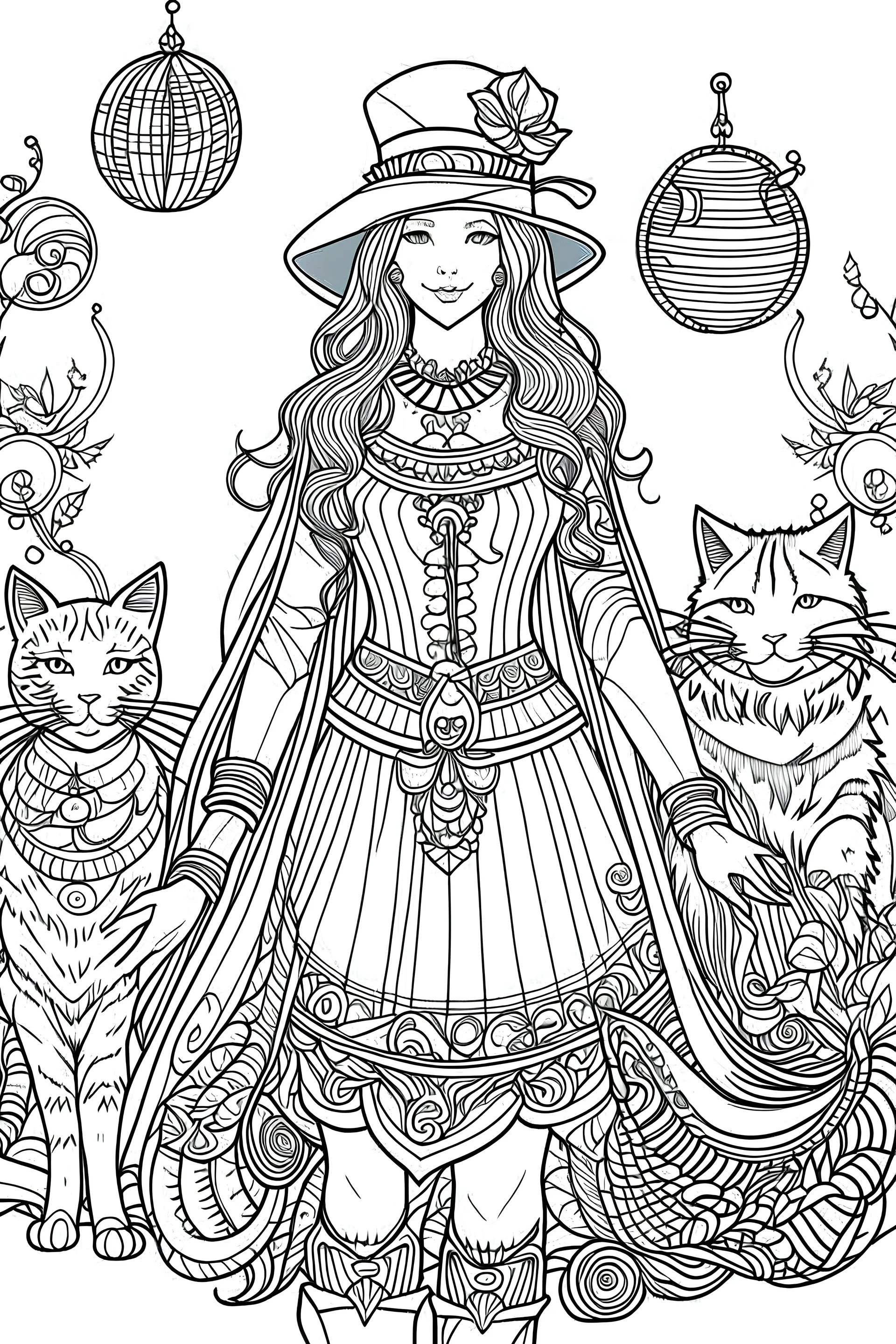 big cats coloring page with witch, white background sketch style full body, only use online , mandalas style clean line art white background, no shadows and clear and will outlined