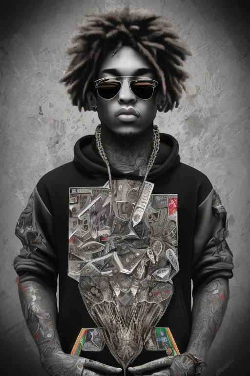 Cool black rapper with all the jewelery and tattoos, hoody and scateboard. Surrounded by an abstract backstreet graffiti vibe