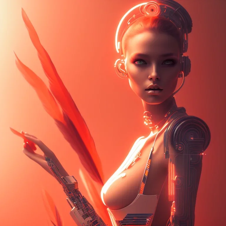 A beautiful portrait of a cute cyberpunk woman facing camera orange color scheme, high key lighting, volumetric light high details with white stripes and feathers