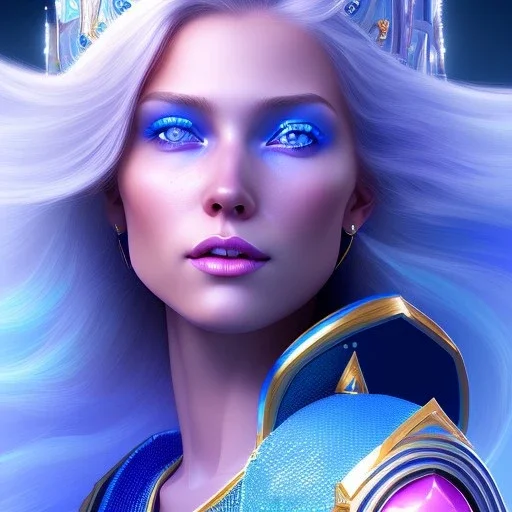 A portrait of a full body crystalised blue pink queen,smiling face, blue eyes, long blond hair, atmospheric, realistic, unreal engine, lighting