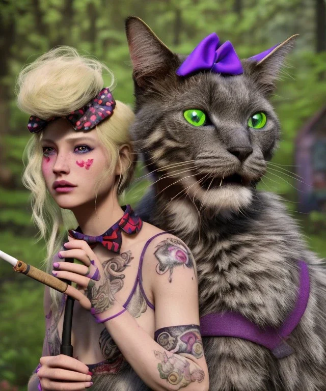 Ultra realistic photo, happy couple, blonde Alice woman and purple cat smoking a pipe, circus blue dress style, black headband with bow, old school body tattoo, smoke, marihuana garden, glow eyes, perfect iris, soft color, highly detailed, unreal engine 5, ray tracing, RTX, lumen lighting, ultra detail, volumetric lighting, high definition.