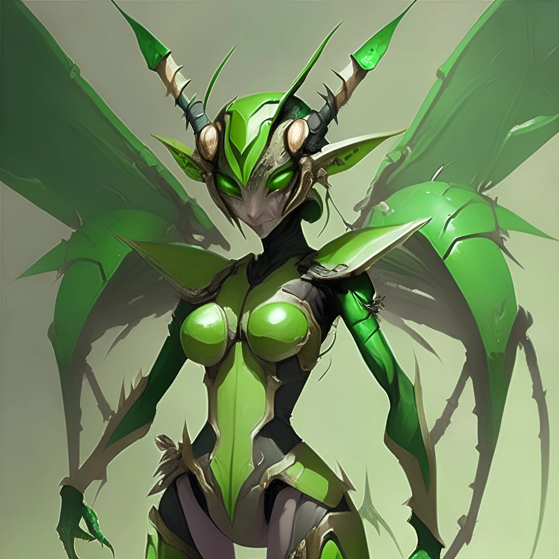 Mantis, (monster girl), green insectoid-armor, green helm with three horns, green and tan insect wings, white blades on arms, black eyes, fierce