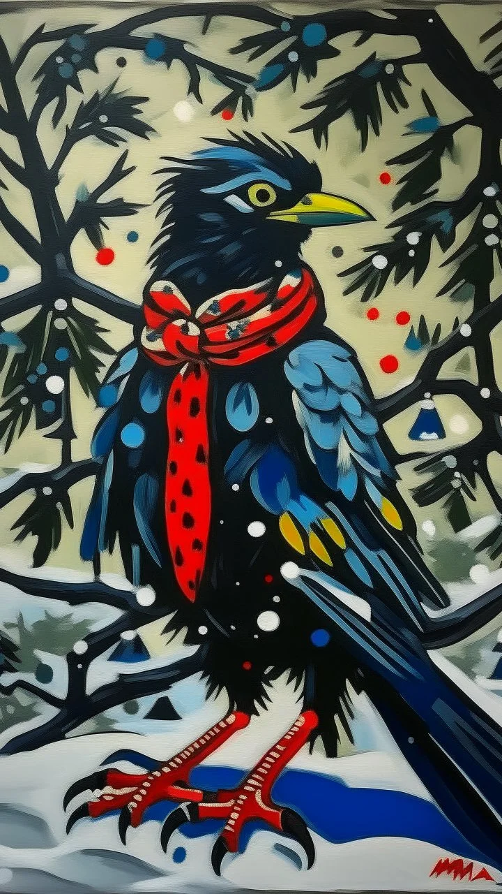 A painting by Miyazaki and Matisse of a human-like crow adorned in a punk leather jacket within a snowy Christmas atmosphere.