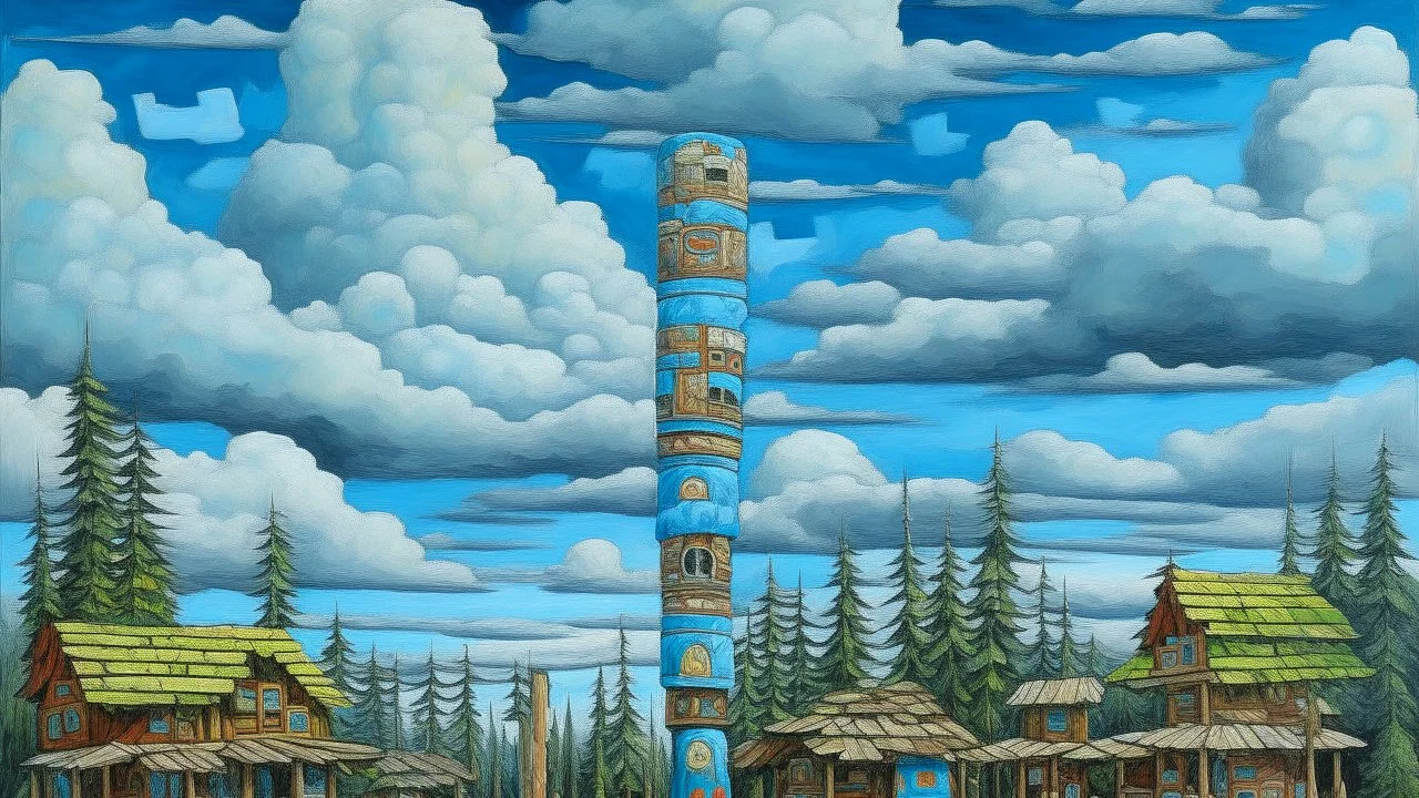 A sky blue village with Pacific Northwest totem poles in the clouds painted by Gustave Courbet