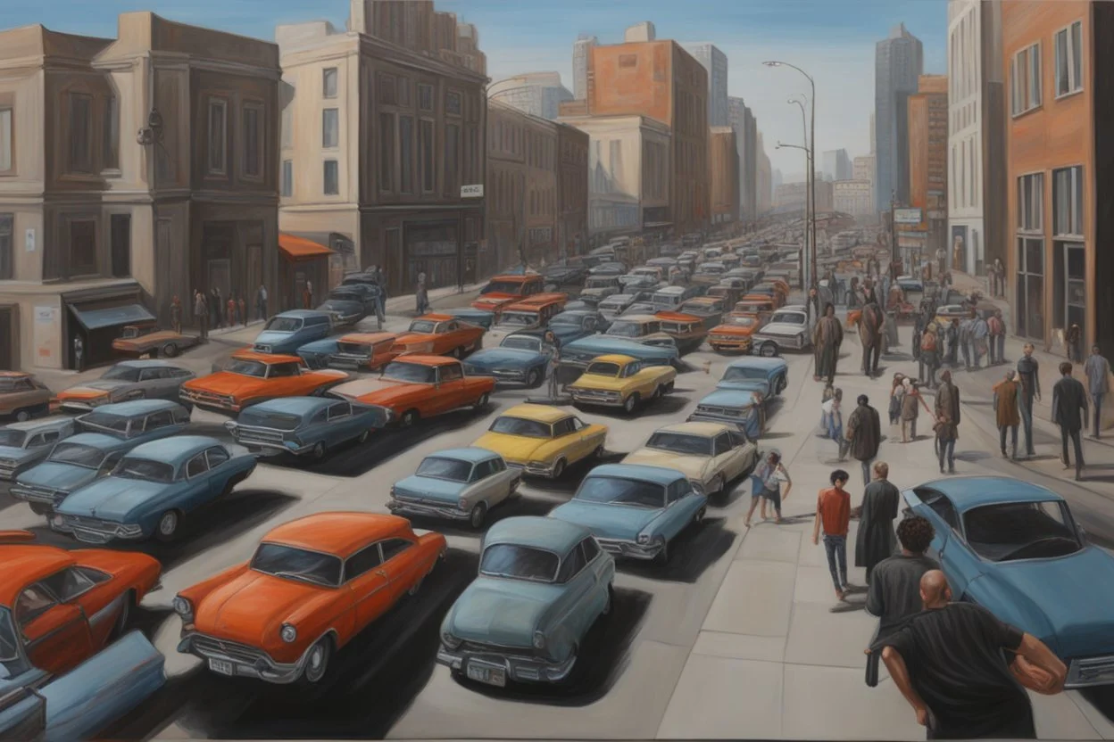 city, cars, people, gary numan influence, realistic painting