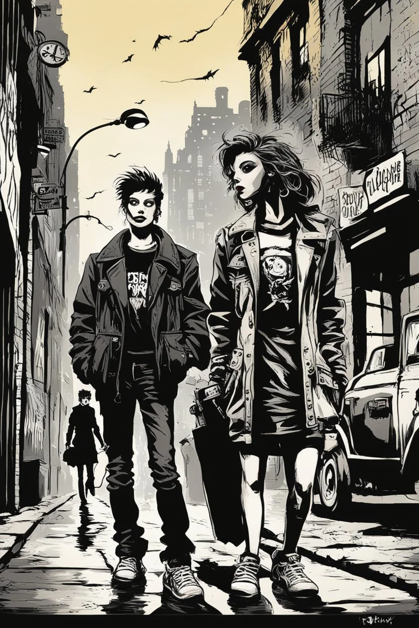 Design a detective book cover for teenagers. A teenage punk girl in the centre, one boy on her left, and one on her right are on the town street. Black cat. Banksy style, pop art style, mysterious atmosphere, white van in the background