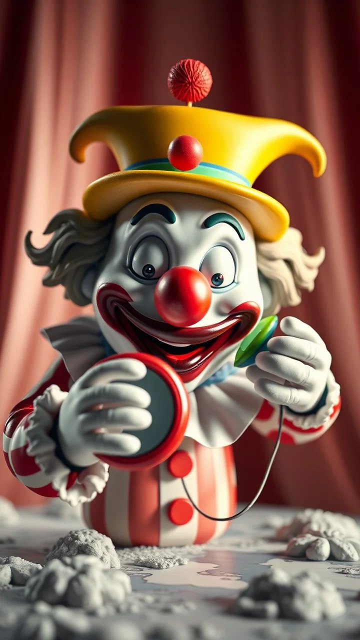 A 3D clown playing with a yoyo of planet earth