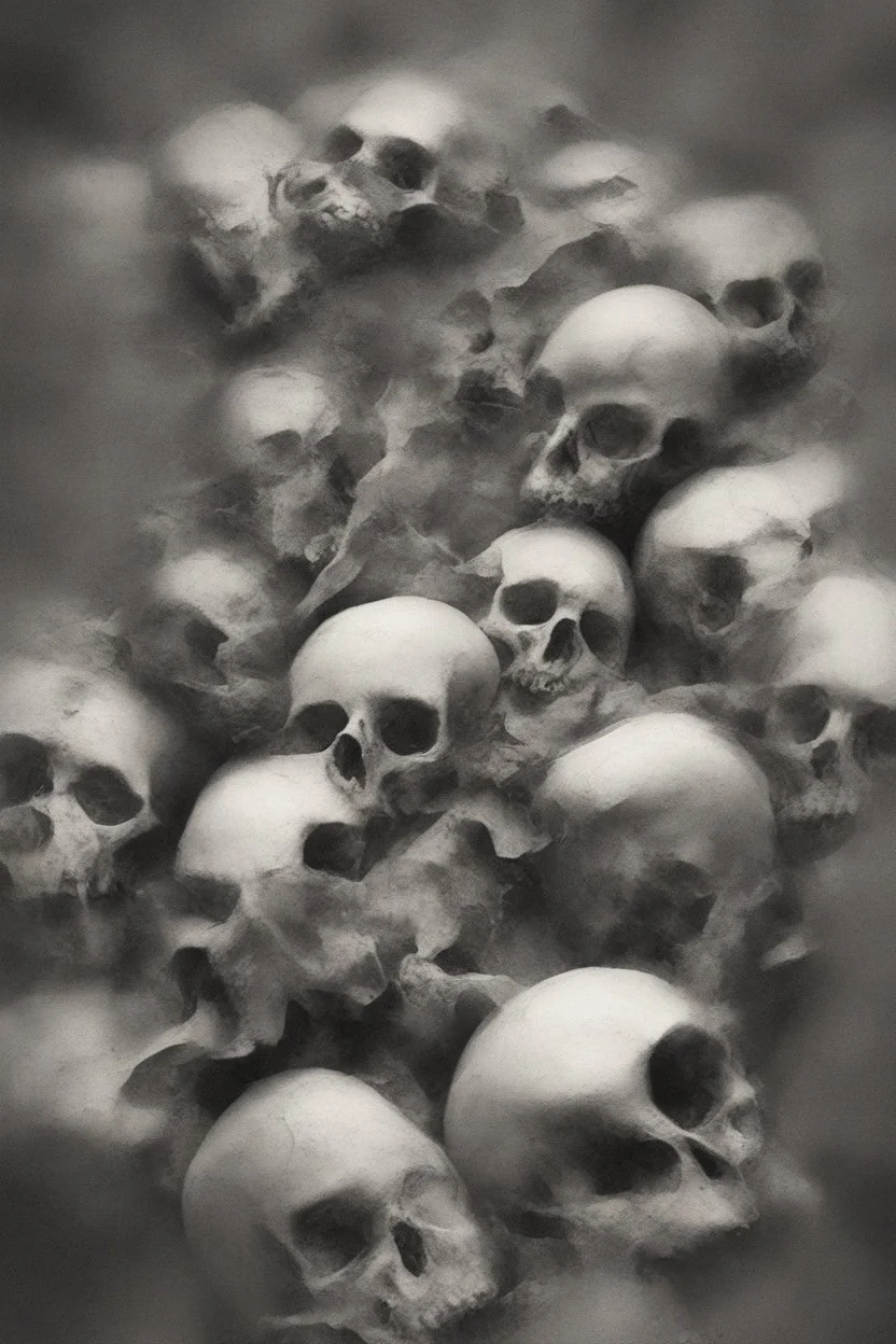 a blurry, distressing, haunting image of fractured skulls, scattered