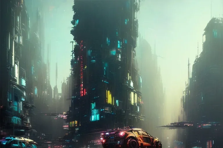 Art by John Berkey and John Harris and Craig Mullins, futuristic cyberpunk city, high rise, smooth, sharp focus, hyper detailed, digital painting, elegant, centered, detailed, neon signs, volumetric lightning, brutalist architecture, 8k, crowded