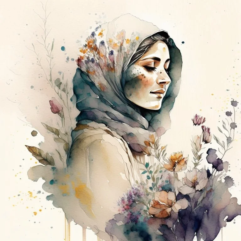 woman,life,freedom,iran hand-drawn watercolor, muted tones, flowers everywhere, REALISTIC