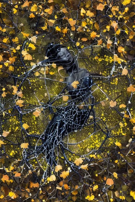 abstract creation of a beautiful girl with black curly hair, surrounded by black roses, thick metal chain broken, glass petals on the ground, autumn colours,dried out thorn bush, chaos,